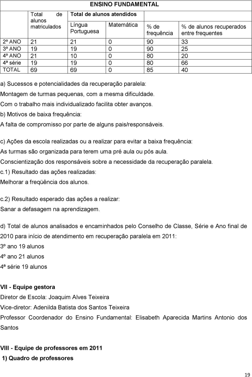 b) Motivos de baixa frequência: A falta de compromisso por parte de alguns pais/responsáveis.