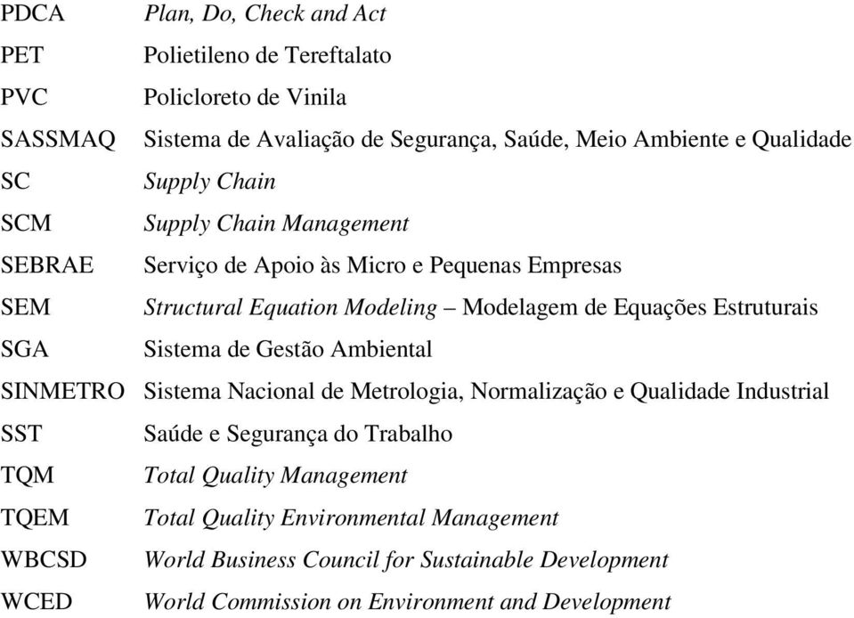 Estruturais SGA Sistema de Gestão Ambiental SINMETRO Sistema Nacional de Metrologia, Normalização e Qualidade Industrial SST Saúde e Segurança do Trabalho TQM