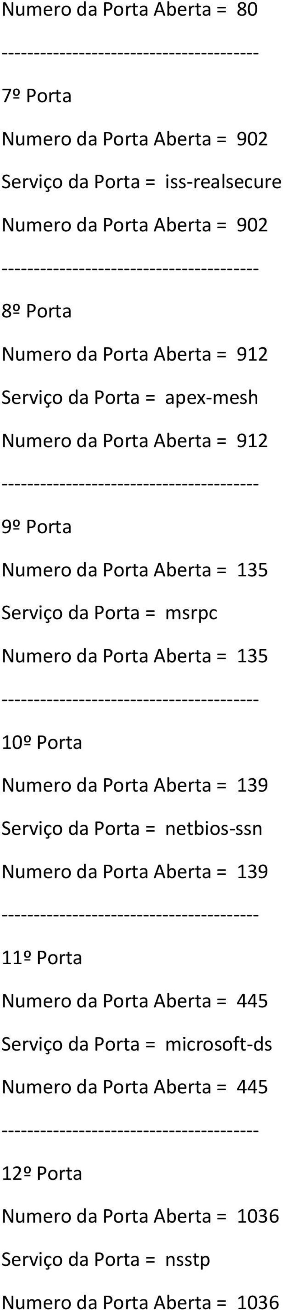 Aberta = 139 11º Porta Numero da Porta Aberta = 445 Serviço da Porta = microsoft-ds Numero da Porta