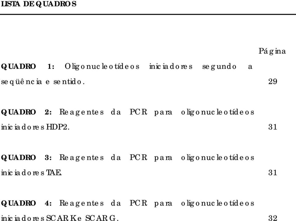 29 QUADRO 2: Reagentes da PCR para oligonucleotídeos iniciadores HDP2.