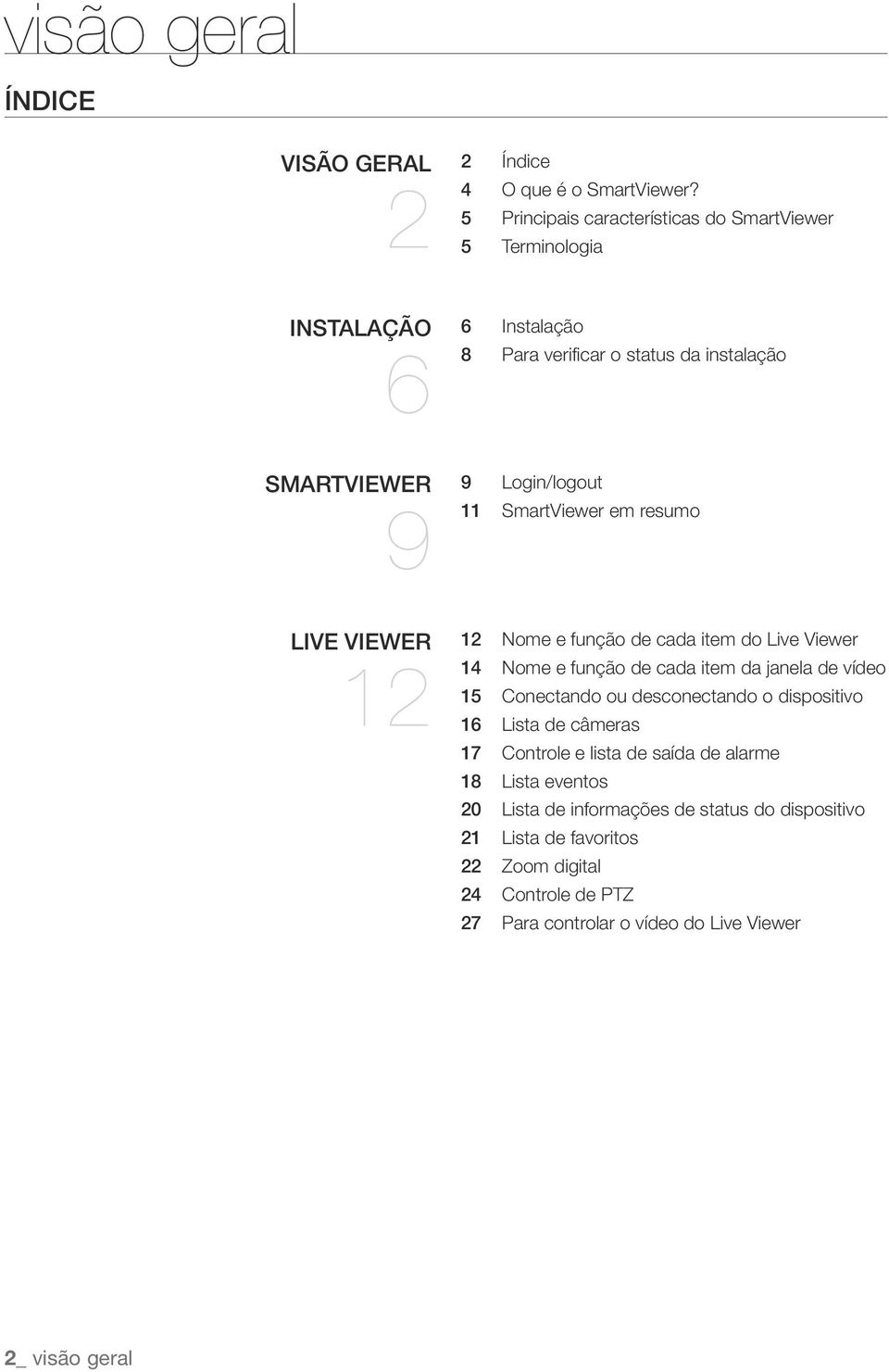 SmartViewer em resumo live viewer 12 12 Nome e função de cada item do Live Viewer 14 Nome e função de cada item da janela de vídeo 15 Conectando ou