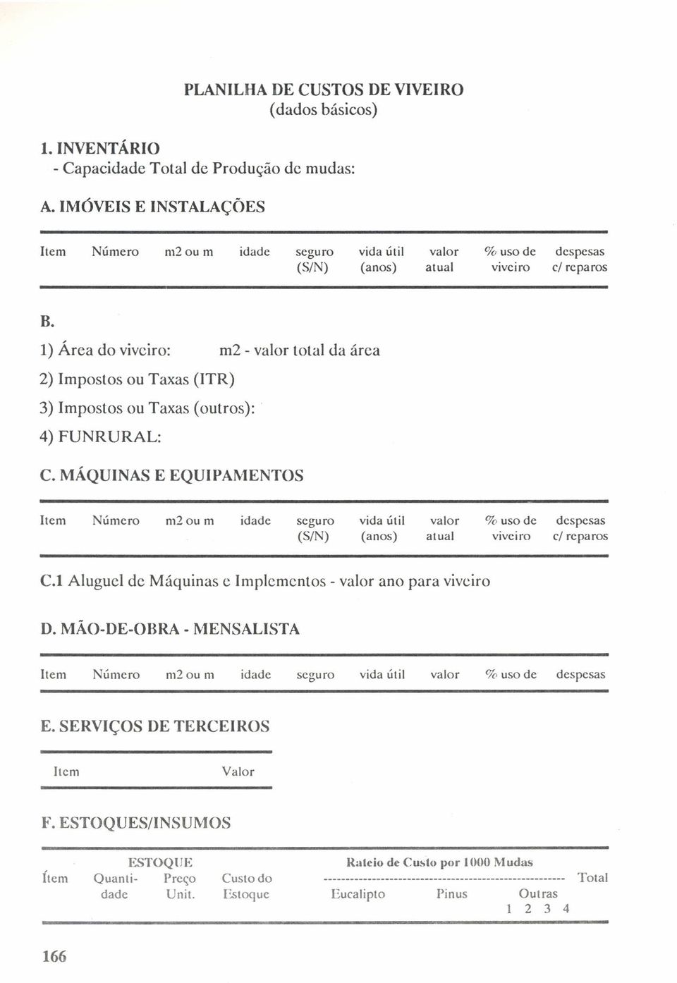 1) Área do viveiro: m2 - valor total da área 2) Impostos ou Taxas (ITR) 3) Impostos ou Taxas (outros): 4) FUNRURAL: C.