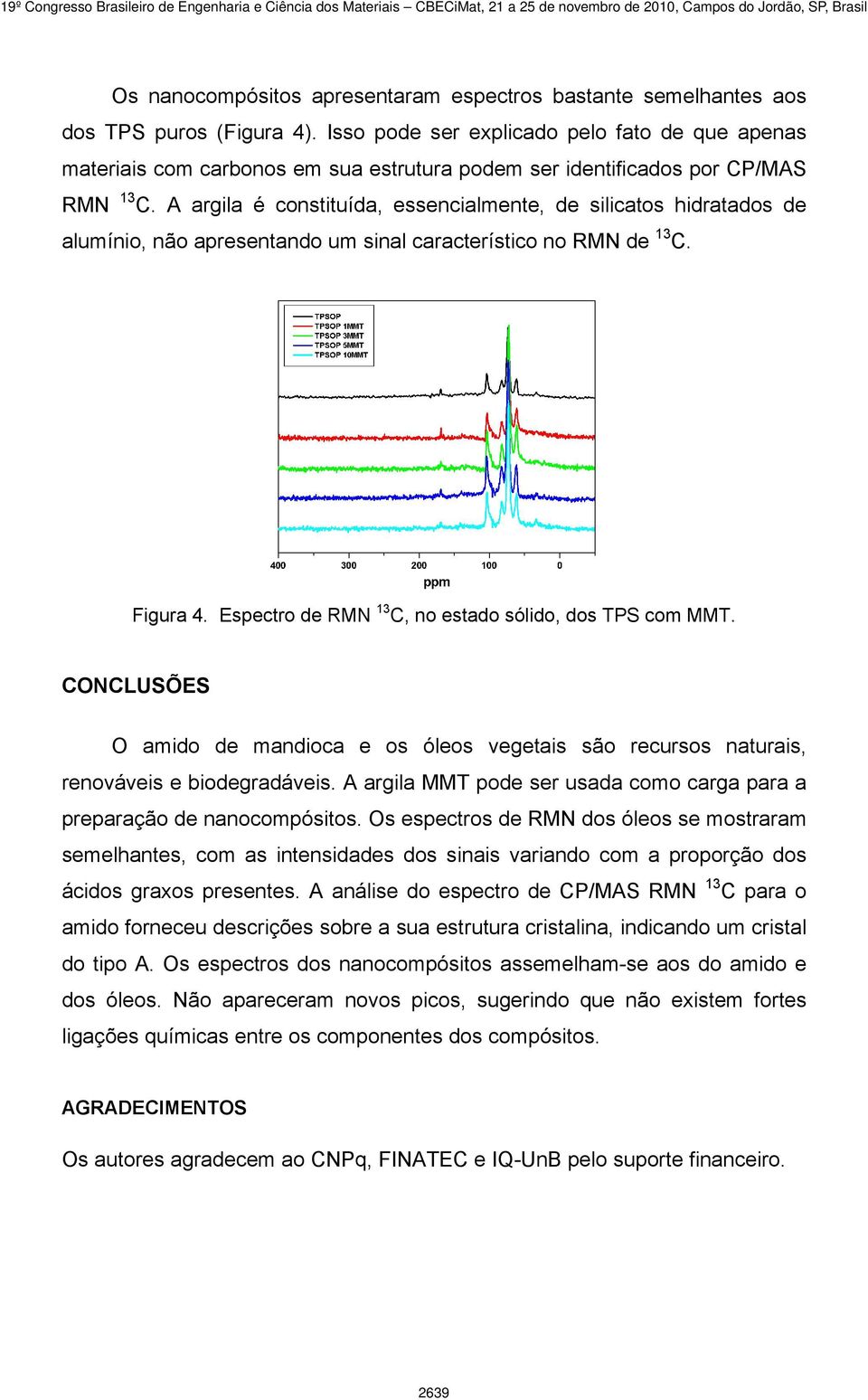 A argila é constituída, essencialmente, de silicatos hidratados de alumínio, não apresentando um sinal característico no RMN de 13 C. Figura 4. Espectro de RMN 13 C, no estado sólido, dos TPS com MMT.