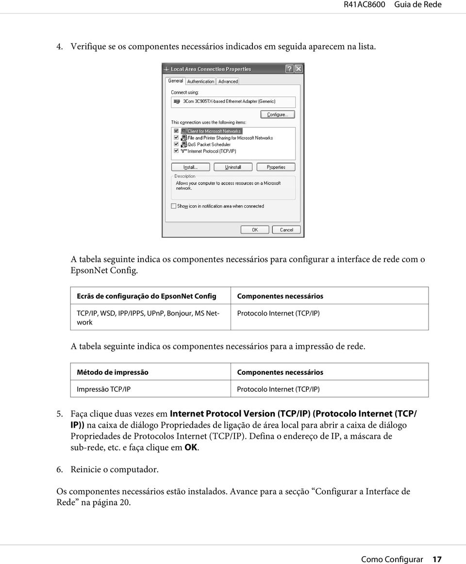 a impressão de rede. Método de impressão Impressão TCP/IP Componentes necessários Protocolo Internet (TCP/IP) 5.