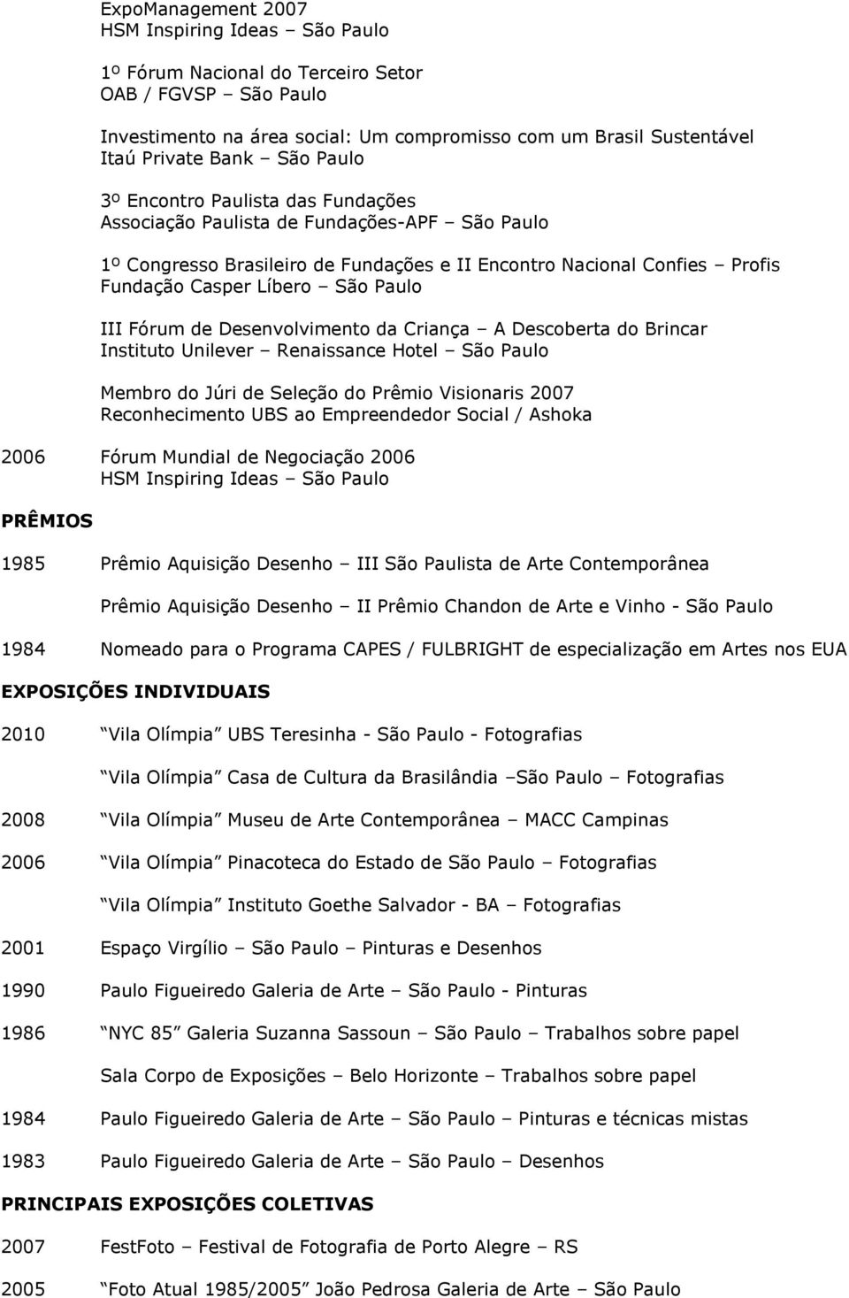 Descoberta do Brincar Instituto Unilever Renaissance Hotel Membro do Júri de Seleção do Prêmio Visionaris 2007 Reconhecimento UBS ao Empreendedor Social / Ashoka 2006 Fórum Mundial de Negociação 2006