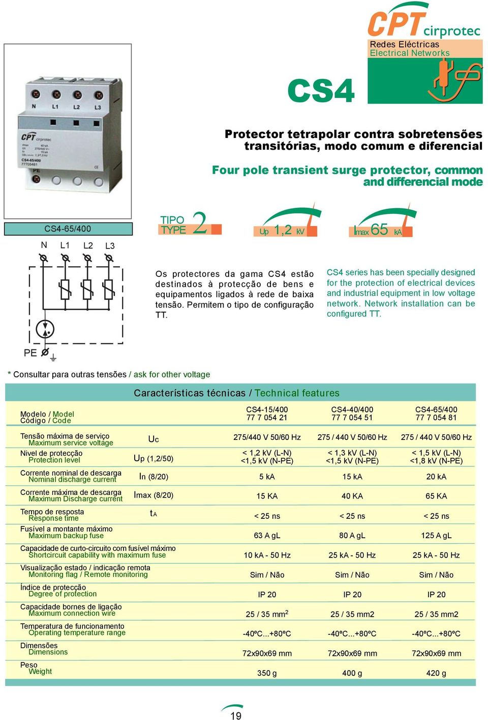 CS4 series has been specially designed for the protection of electrical devices and industrial equipment in low voltage network. Network installation can be configured TT.