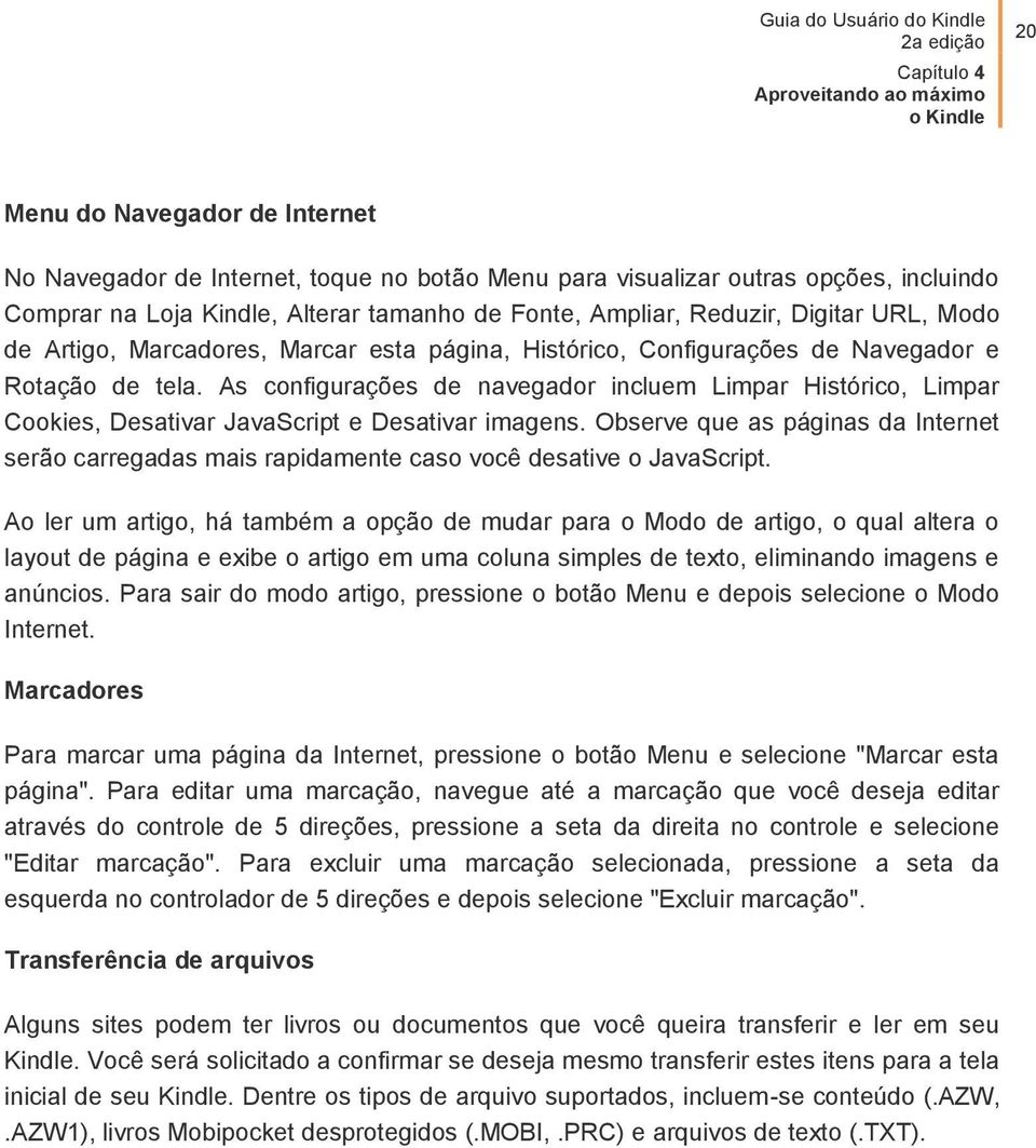 As configurações de navegador incluem Limpar Histórico, Limpar Cookies, Desativar JavaScript e Desativar imagens.