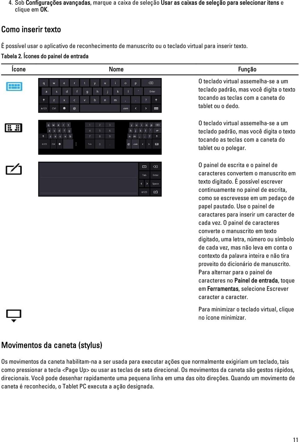 Ícones do painel de entrada Ícone Nome Função O teclado virtual assemelha-se a um teclado padrão, mas você digita o texto tocando as teclas com a caneta do tablet ou o dedo.