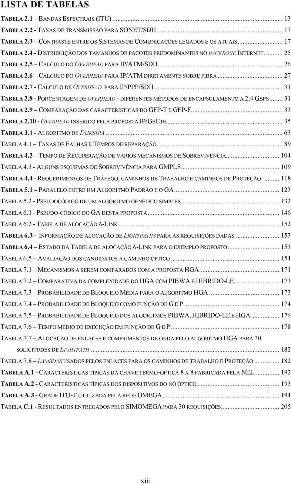 6 CÁLCULO DO OVERHEAD PARA IP/ATM DIRETAMENTE SOBRE FIBRA... 27 TABELA 2.7 - CÁLCULO DE OVERHEAD PARA IP/PPP/SDH... 31 TABELA 2.