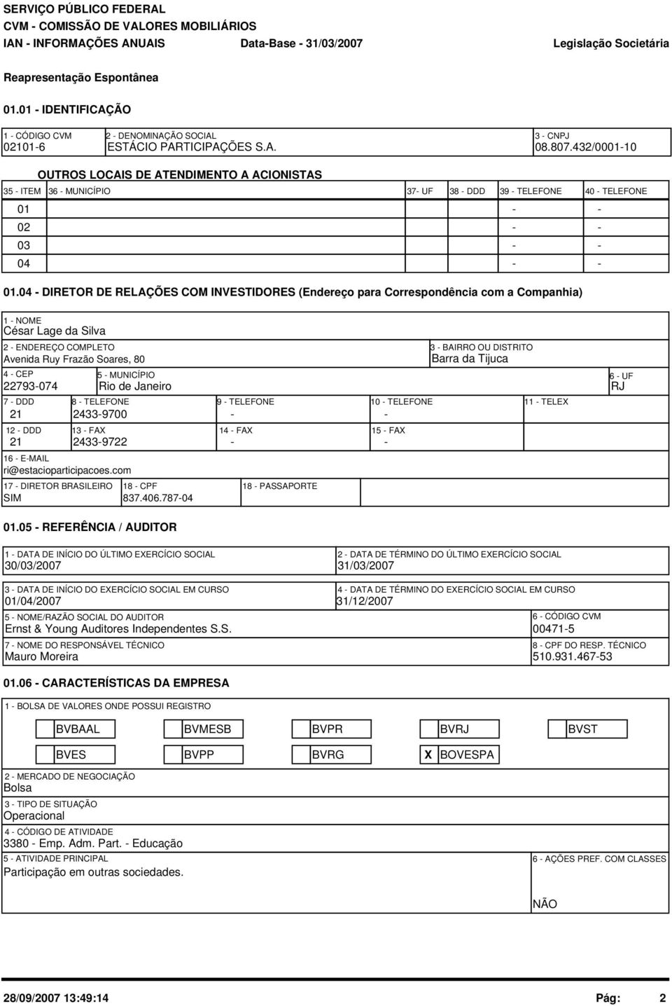 4 - DIRETOR DE RELAÇÕES COM INVESTIDORES (Endereço para Correspondência com a Companhia) 1 - NOME César Lage da Silva 2 - ENDEREÇO COMPLETO Avenida Ruy Frazão Soares, 8 4 - CEP 5 - MUNICÍPIO 22793-74