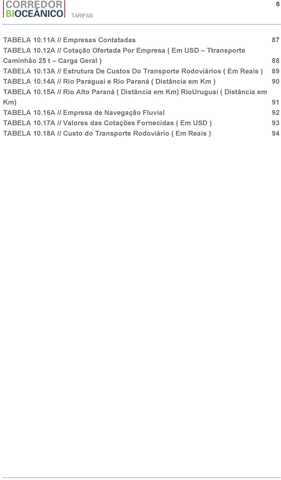 13A // Estrutura De Custos Do Transporte Rodoviários ( Em Reais ) 89 TABELA 10.