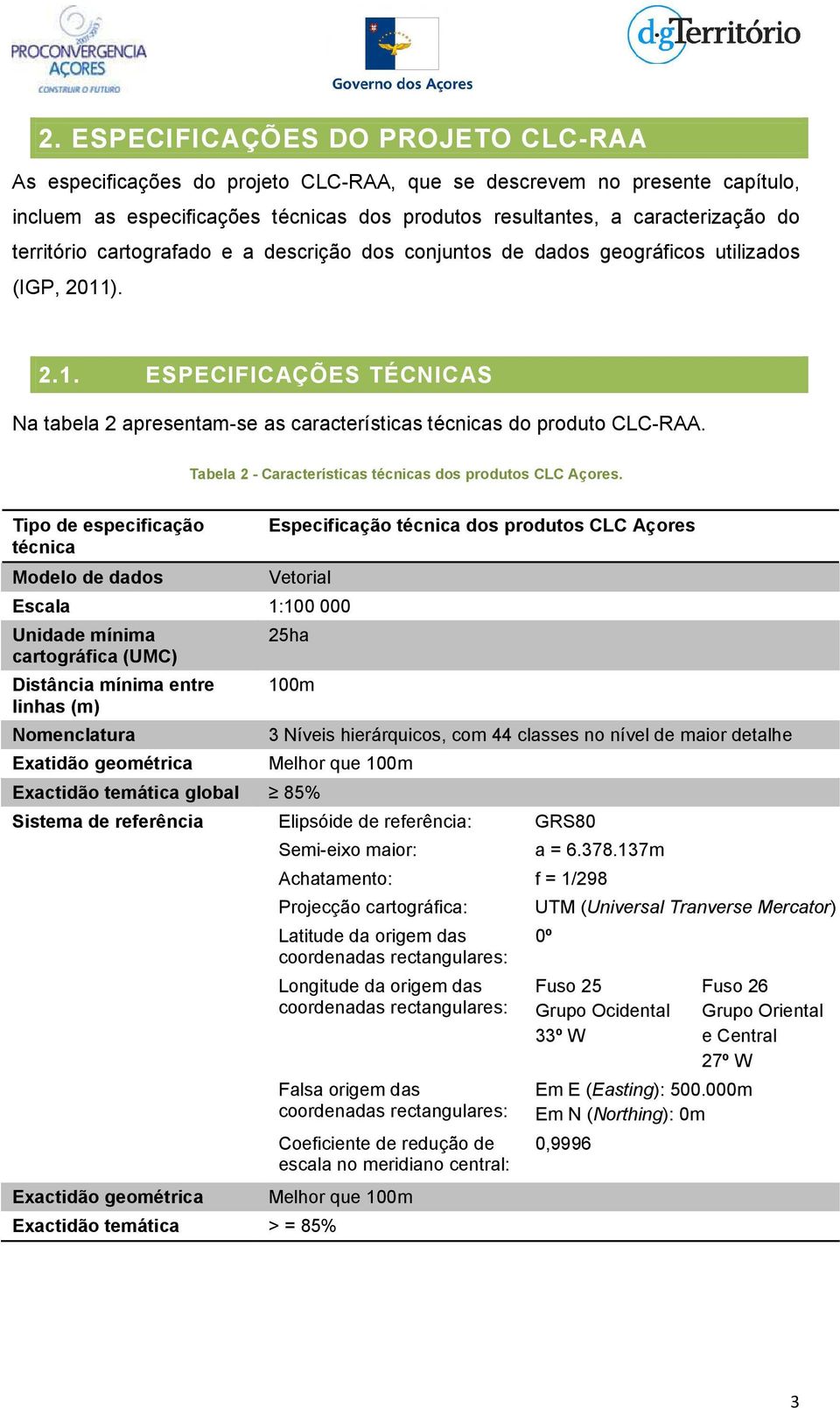 Tabela 2 - Características técnicas dos produtos CLC Açores.