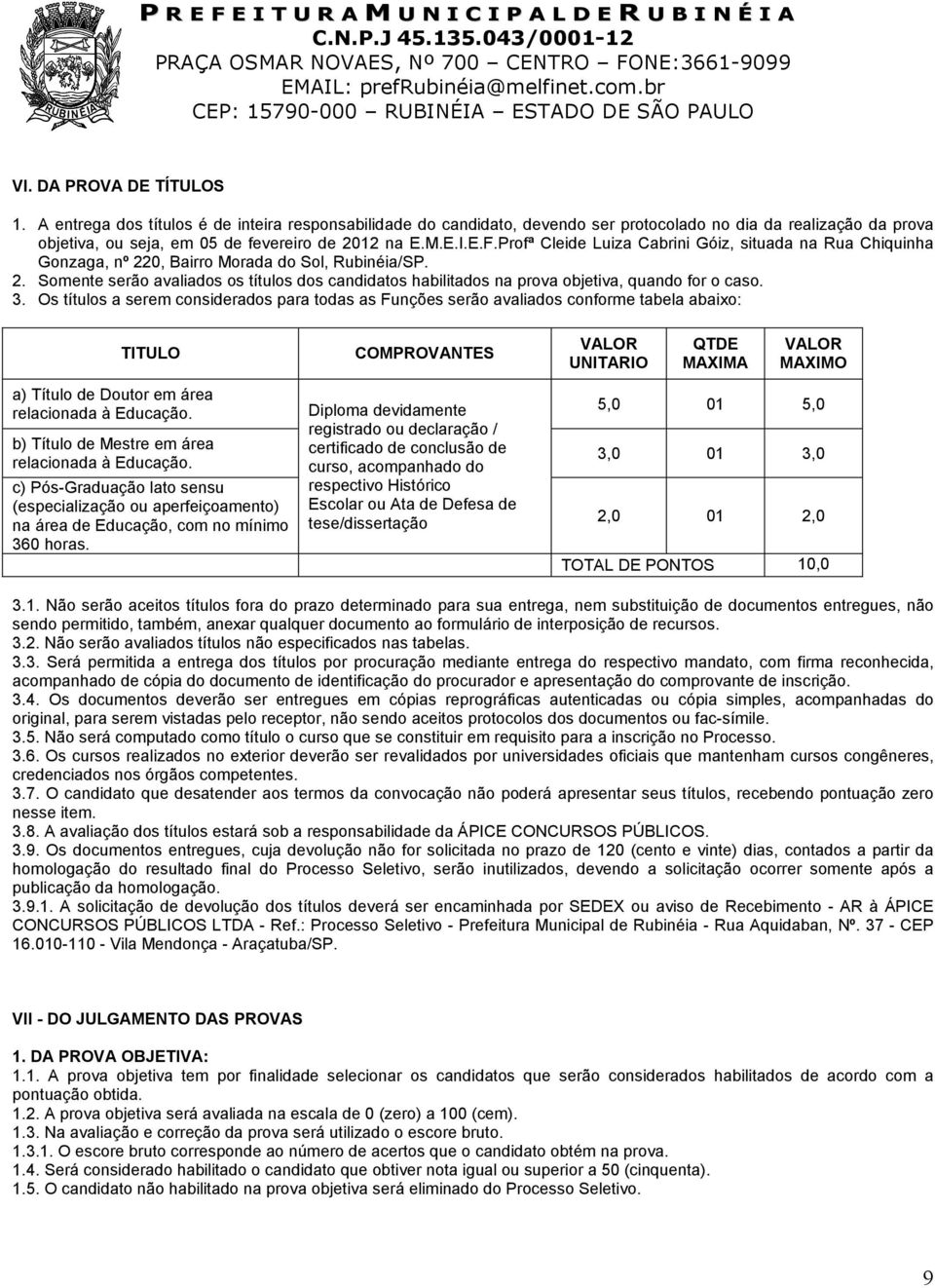 3. Os títulos a serem considerados para todas as Funções serão avaliados conforme tabela abaixo: TITULO COMPROVANTES VALOR UNITARIO QTDE MAXIMA VALOR MAXIMO a) Título de Doutor em área relacionada à