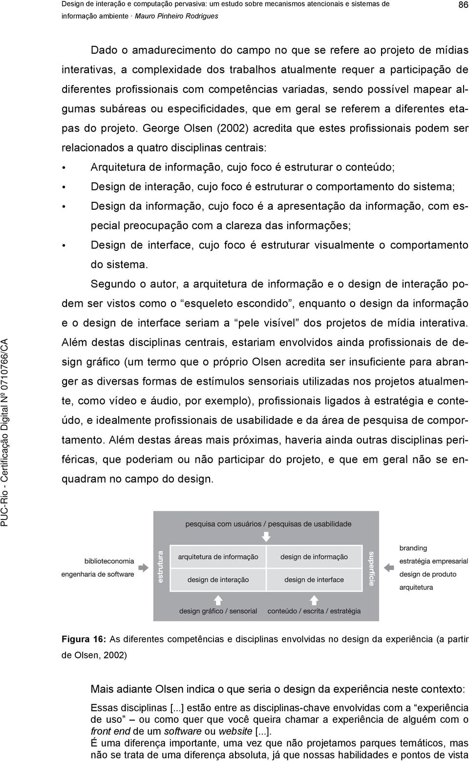 George Olsen (2002) acredita que estes profissionais podem ser relacionados a quatro disciplinas centrais: Arquitetura de informação, cujo foco é estruturar o conteúdo; Design de interação, cujo foco