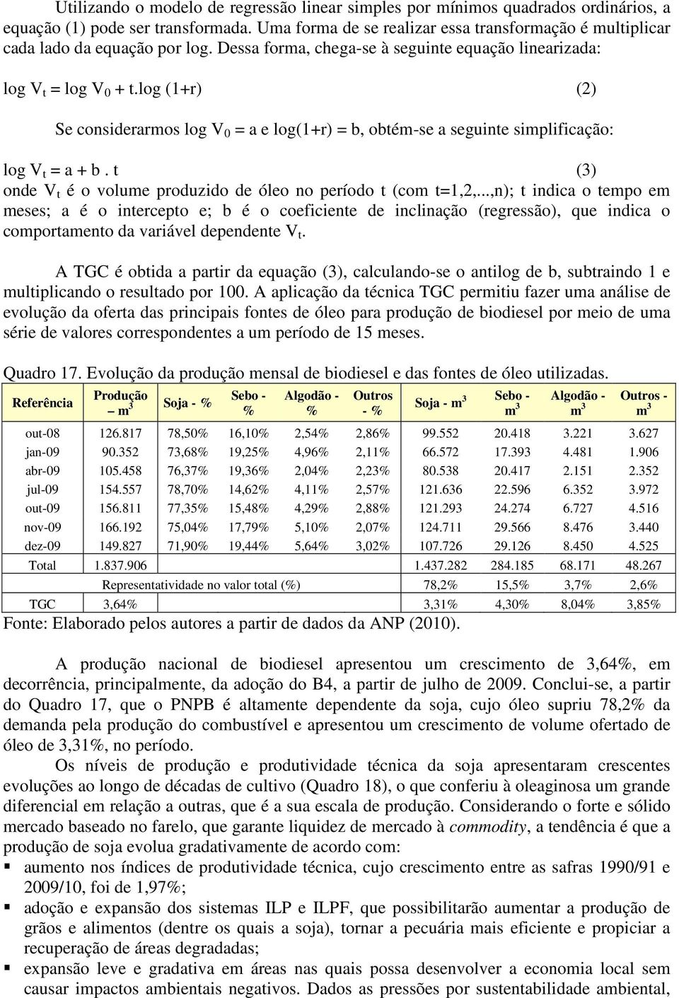 log (1+r) (2) Se considerarmos log V 0 = a e log(1+r) = b, obtém-se a seguinte simplificação: log V t = a + b. t (3) onde V t é o volume produzido de óleo no período t (com t=1,2,.