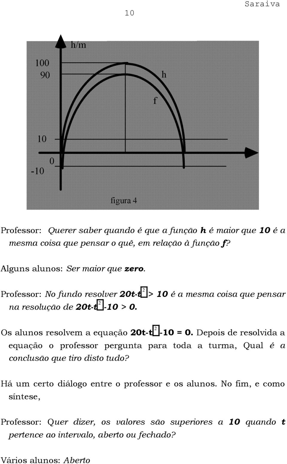 Os alunos resolvem a equação 20t-t 2-10 = 0. Depois de resolvida a equação o professor pergunta para toda a turma, Qual é a conclusão que tiro disto tudo?