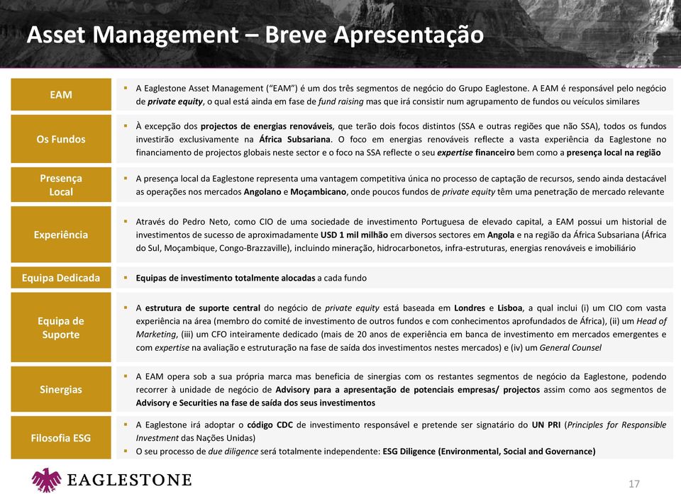 energias renováveis, que terão dois focos distintos (SSA e outras regiões que não SSA), todos os fundos investirão exclusivamente na África Subsariana.