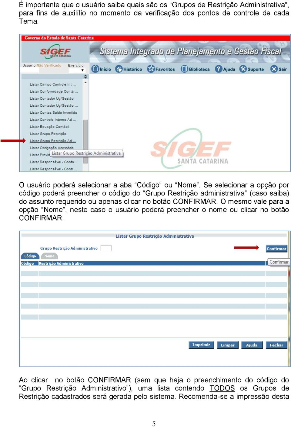 Se selecionar a opção por código poderá preencher o código do Grupo Restrição administrativa (caso saiba) do assunto requerido ou apenas clicar no botão CONFIRMAR.