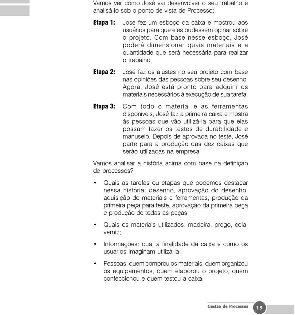 José faz os ajustes no seu projeto com base nas opiniões das pessoas sobre seu desenho. Agora, José está pronto para adquirir os materiais necessários à execução de sua tarefa.