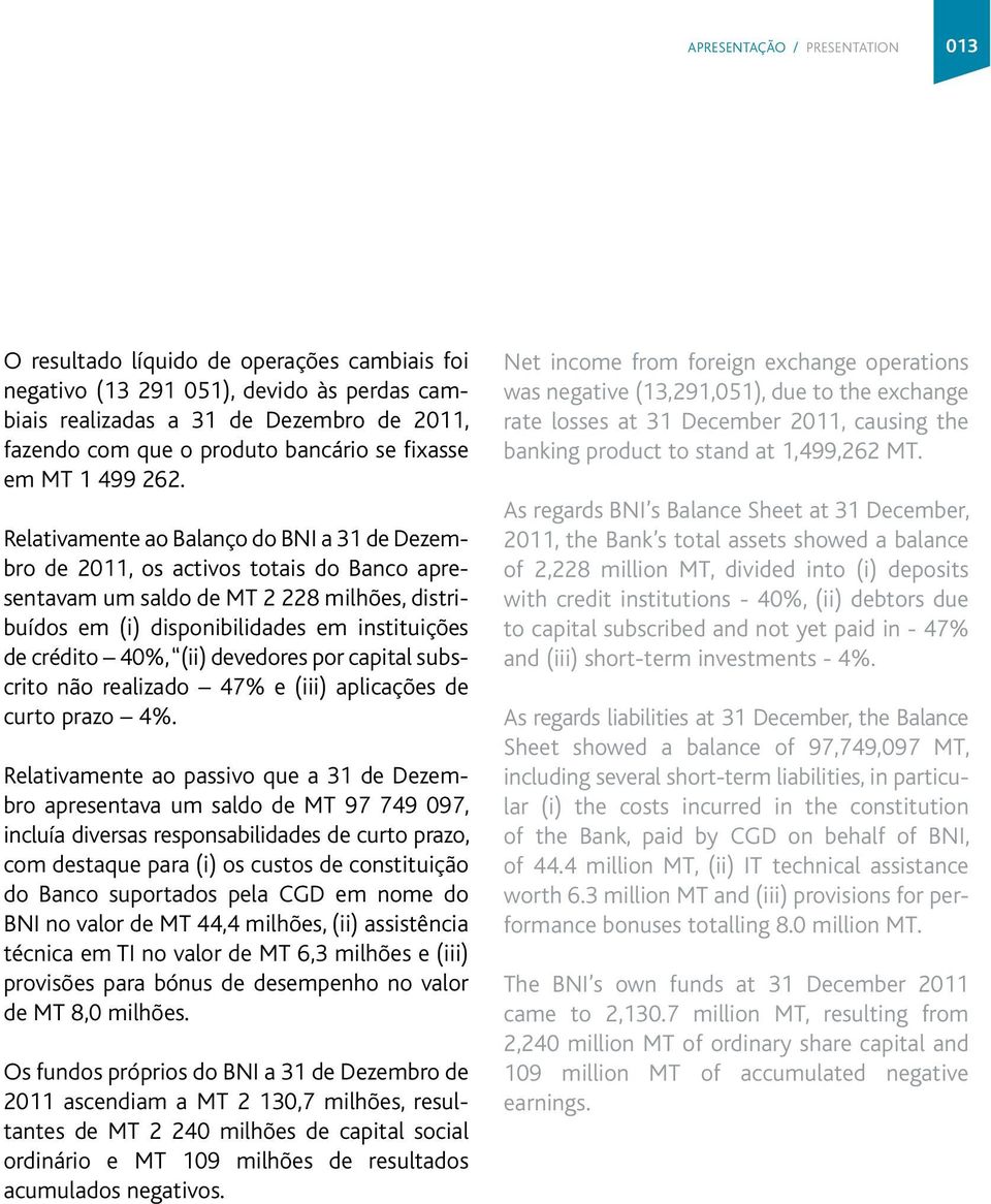 Relativamente ao Balanço do BNI a 31 de Dezembro de 2011, os activos totais do Banco apresentavam um saldo de MT 2 228 milhões, distribuídos em (i) disponibilidades em instituições de crédito 40%,