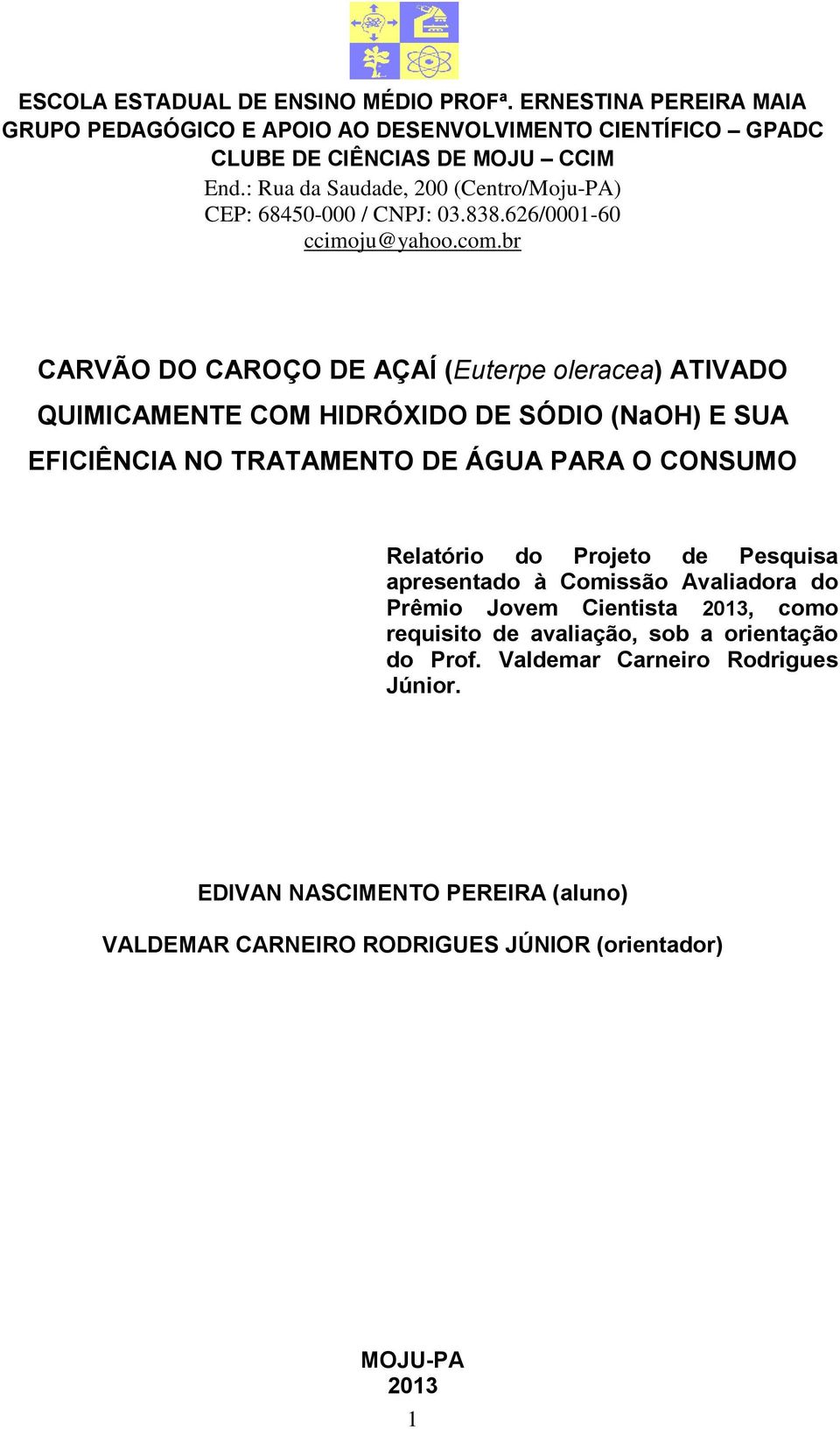 br CARVÃO DO CAROÇO DE AÇAÍ (Euterpe oleracea) ATIVADO QUIMICAMENTE COM HIDRÓXIDO DE SÓDIO (NaOH) E SUA EFICIÊNCIA NO TRATAMENTO DE ÁGUA PARA O CONSUMO Relatório do Projeto