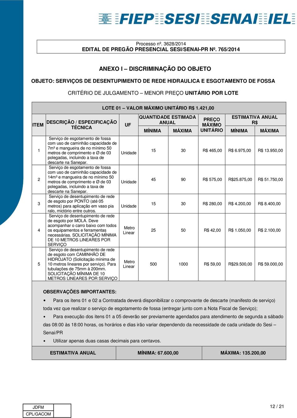 caminhão capacidade de 7m³ e mangueira de no mínimo 50 metros de comprimento e Ø de 03 polegadas, incluindo a taxa de descarte na Sanepar.