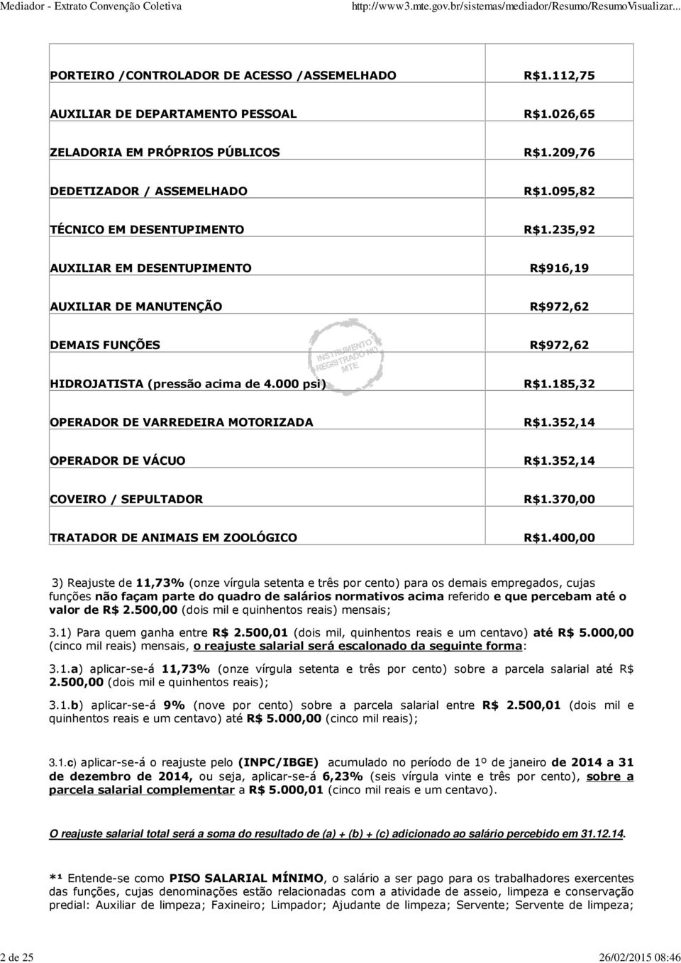 185,32 OPERADOR DE VARREDEIRA MOTORIZADA R$1.352,14 OPERADOR DE VÁCUO R$1.352,14 COVEIRO / SEPULTADOR R$1.370,00 TRATADOR DE ANIMAIS EM ZOOLÓGICO R$1.