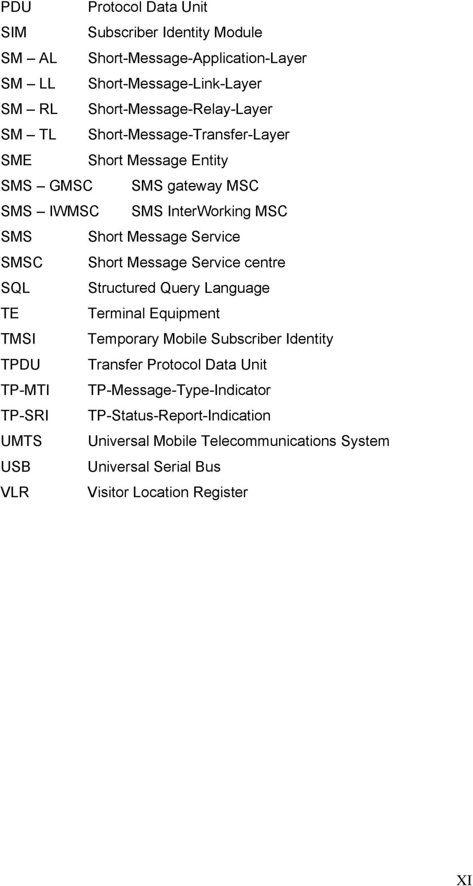 Service centre SQL Structured Query Language TE Terminal Equipment TMSI Temporary Mobile Subscriber Identity TPDU Transfer Protocol Data Unit TP-MTI