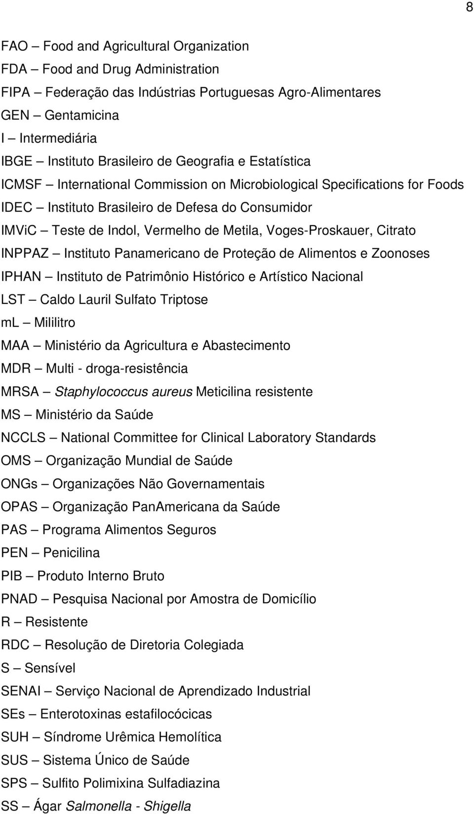 Voges-Proskauer, Citrato INPPAZ Instituto Panamericano de Proteção de Alimentos e Zoonoses IPHAN Instituto de Patrimônio Histórico e Artístico Nacional LST Caldo Lauril Sulfato Triptose ml Mililitro