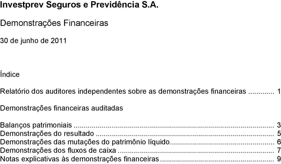 .. 1 Demonstrações financeiras auditadas Balanços patrimoniais... 3 Demonstrações do resultado.