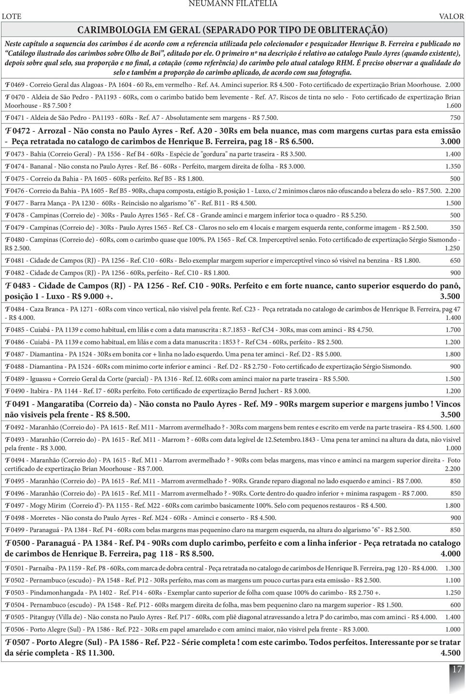 O primeiro nº na descrição é relativo ao catalogo Paulo Ayres (quando existente), depois sobre qual selo, sua proporção e no final, a cotação (como referência) do carimbo pelo atual catalogo RHM.