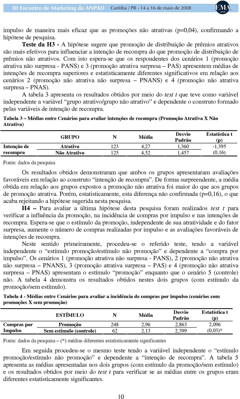 Com isto espera-se que os respondentes dos cenários 1 (promoção atrativa não surpresa - PANS) e 3 (promoção atrativa surpresa PAS) apresentem médias de intenções de recompra superiores e