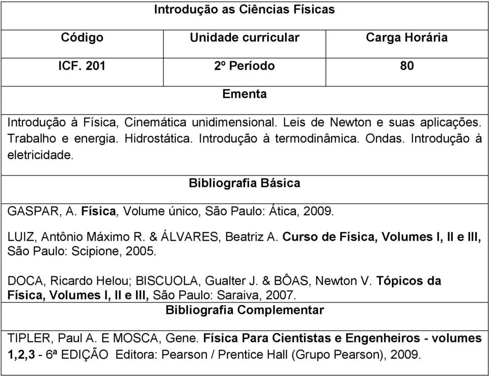 Curso de Física, Volumes I, II e III, São Paulo: Scipione, 2005. DOCA, Ricardo Helou; BISCUOLA, Gualter J. & BÔAS, Newton V.