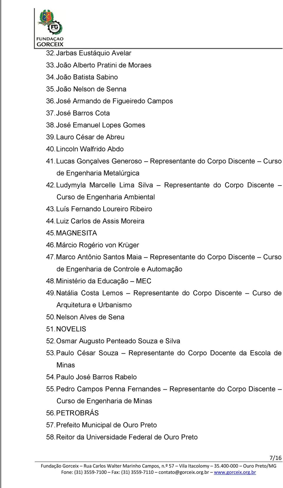 Ludymyla Marcelle Lima Silva Representante do Corpo Discente Curso de Engenharia Ambiental 43. Luís Fernando Loureiro Ribeiro 44. Luiz Carlos de Assis Moreira 45. MAGNESITA 46.