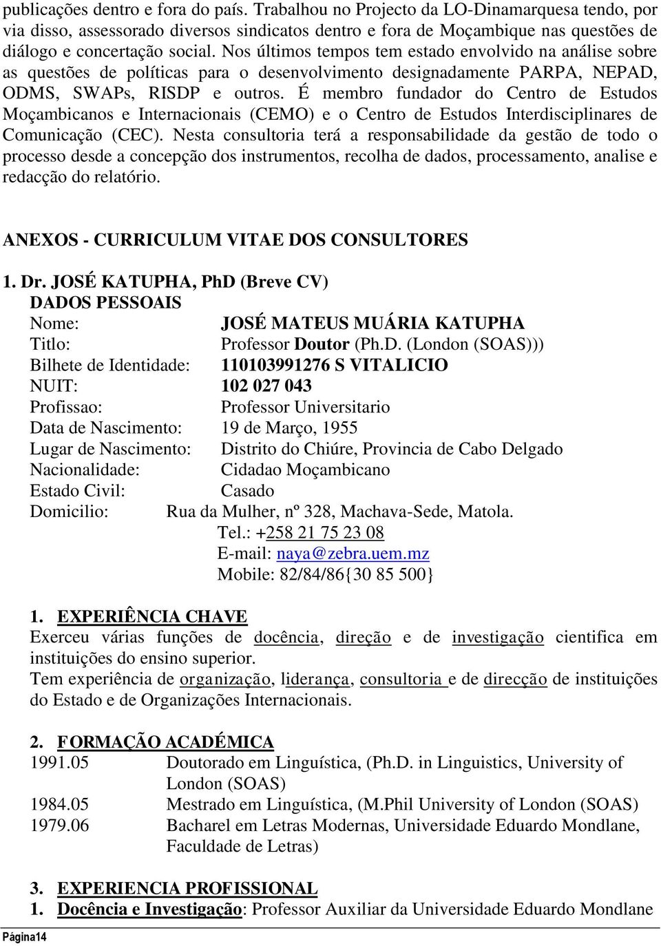 Nos últimos tempos tem estado envolvido na análise sobre as questões de políticas para o desenvolvimento designadamente PARPA, NEPAD, ODMS, SWAPs, RISDP e outros.