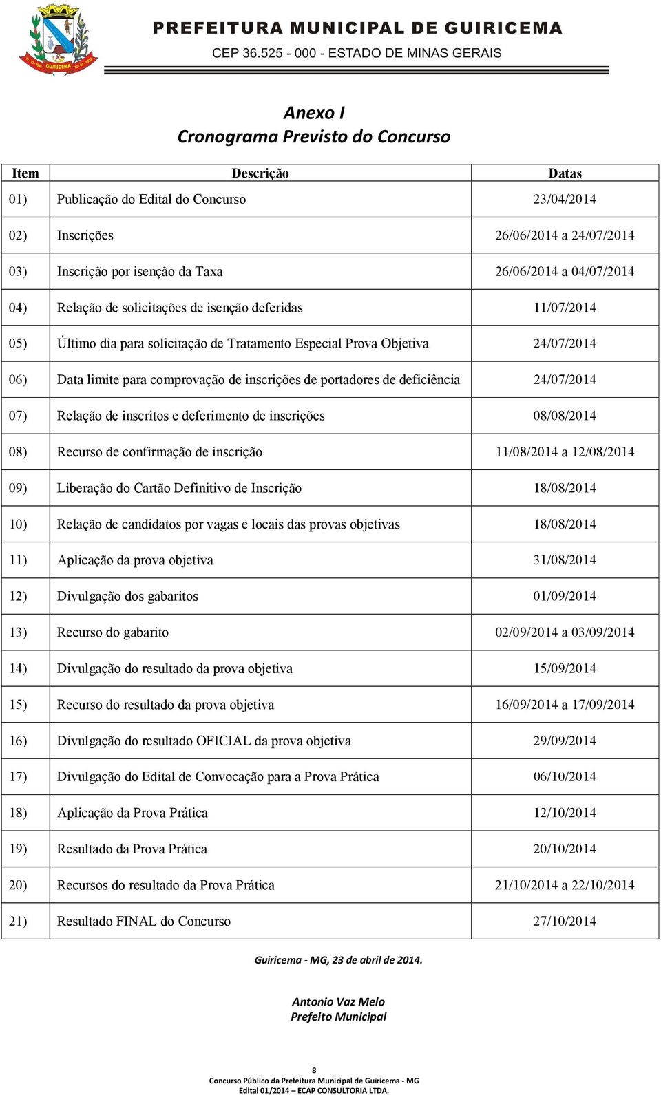 de portadores de deficiência 24/07/2014 07) Relação de inscritos e deferimento de inscrições 08/08/2014 08) Recurso de confirmação de inscrição 11/08/2014 a 12/08/2014 09) Liberação do Cartão