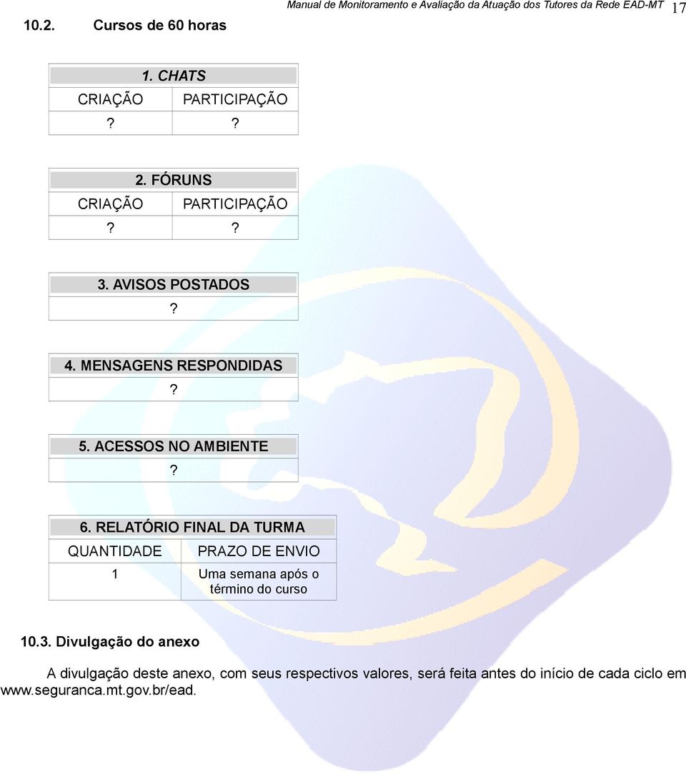 ACESSOS NO AMBIENTE? 6. RELATÓRIO FINAL DA TURMA QUANTIDADE PRAZO DE ENVIO 1 Uma semana após o término do curso 10.3.