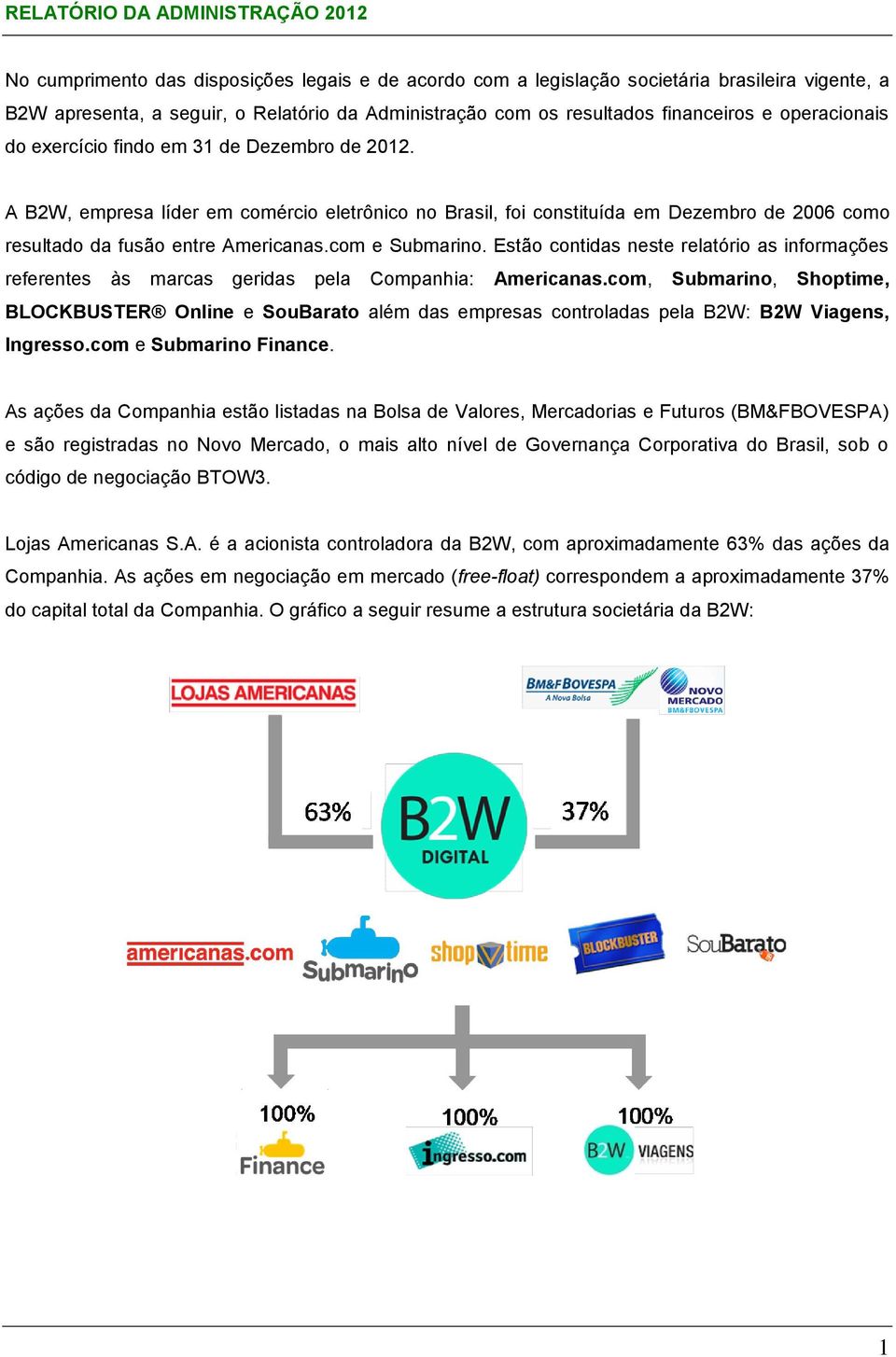 A B2W, empresa líder em comércio eletrônico no Brasil, foi constituída em Dezembro de 2006 como resultado da fusão entre Americanas.com e Submarino.