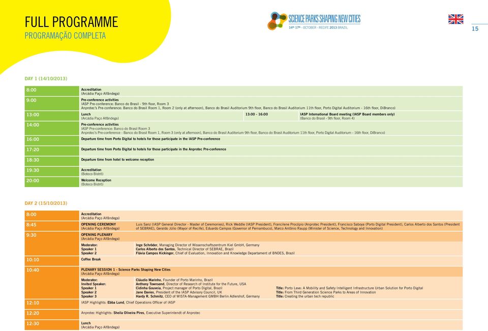 13:00-16:00 IASP International Board meeting (IASP Board members only) (Banco do Brasil - 9th floor, Room 4) 14:00 Pre-conference activities IASP Pre-conference: Banco do Brasil Room 3 Anprotec s