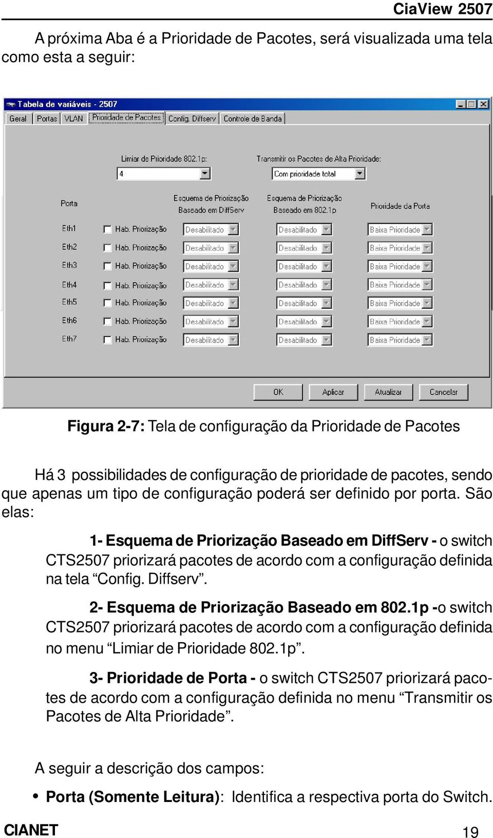 São elas: 1- Esquema de Priorização Baseado em DiffServ - o switch CTS2507 priorizará pacotes de acordo com a configuração definida na tela Config. Diffserv. 2- Esquema de Priorização Baseado em 802.