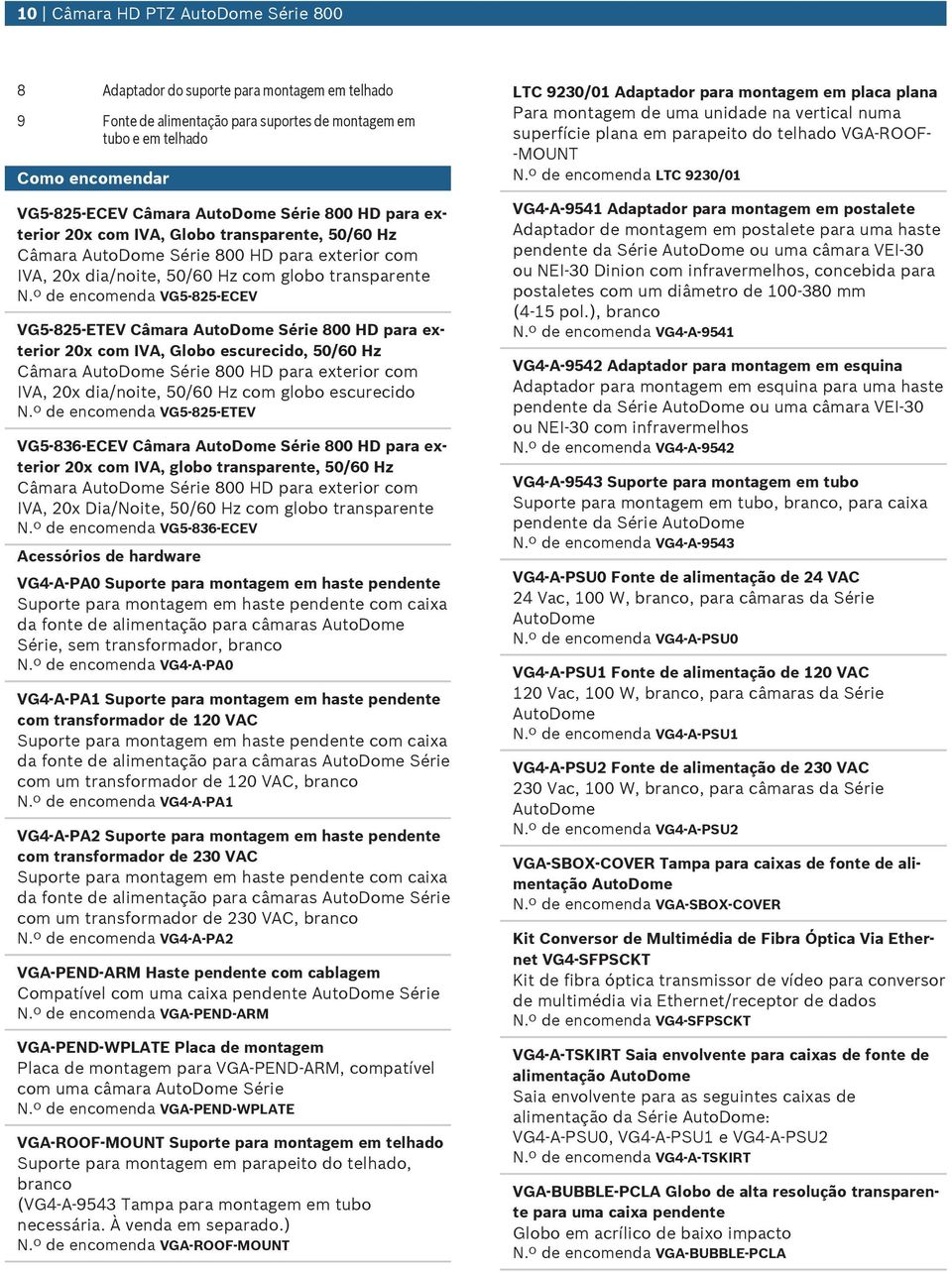 º de encomenda VG5-825-ECEV VG5-825-ETEV Câmara AutoDome Série 800 HD para exterior 20x com IVA, Globo escurecido, 50/60 Hz Câmara AutoDome Série 800 HD para exterior com IVA, 20x dia/noite, 50/60 Hz