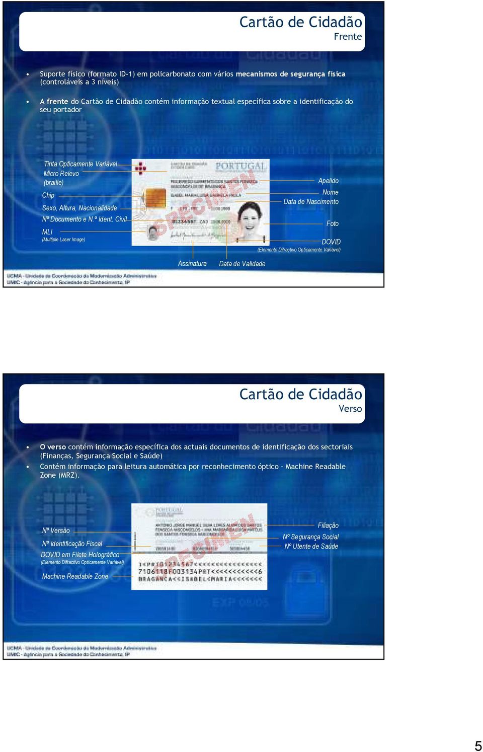 Civil MLI (Multiple Laser Image) Apelido Nome Data de Nascimento Foto DOVID (Elemento Difractivo Opticamente Variável) Assinatura Data de Validade de Verso O verso contém informação específica