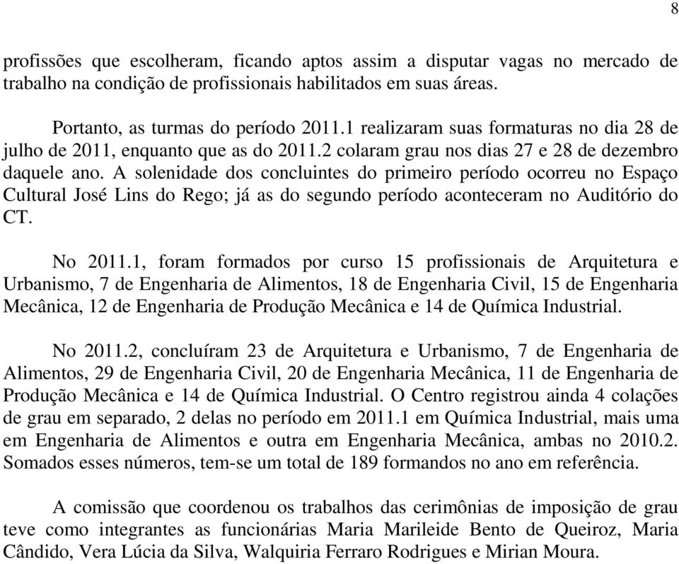 A solenidade dos concluintes do primeiro período ocorreu no Espaço Cultural José Lins do Rego; já as do segundo período aconteceram no Auditório do CT. No 2011.