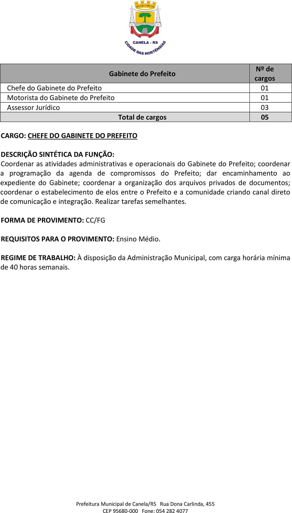 compromissos do Prefeito; dar encaminhamento ao expediente do Gabinete; coordenar a organização dos arquivos privados de documentos; coordenar o