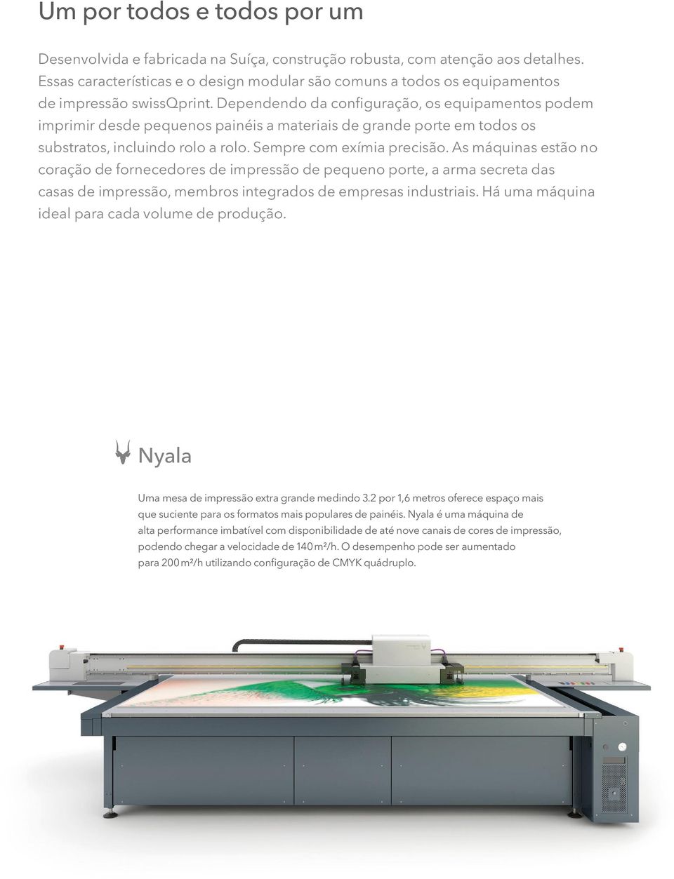 Dependendo da configuração, os equipamentos podem imprimir desde pequenos painéis a materiais de grande porte em todos os substratos, incluindo rolo a rolo. Sempre com exímia precisão.