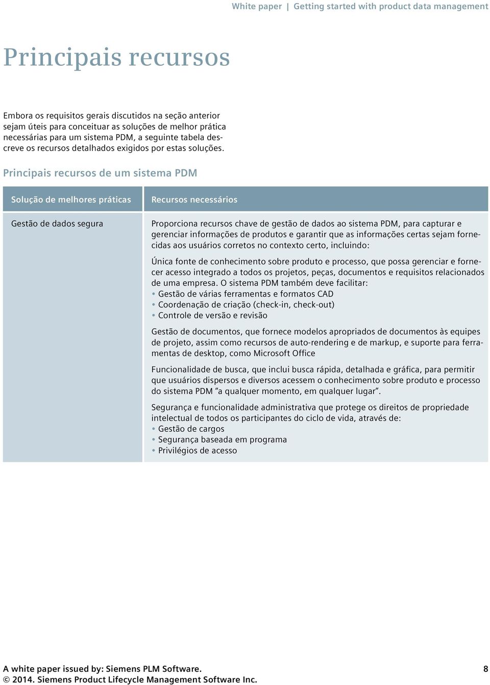 Principais recursos de um sistema PDM Solução de melhores práticas Gestão de dados segura Recursos necessários Proporciona recursos chave de gestão de dados ao sistema PDM, para capturar e gerenciar