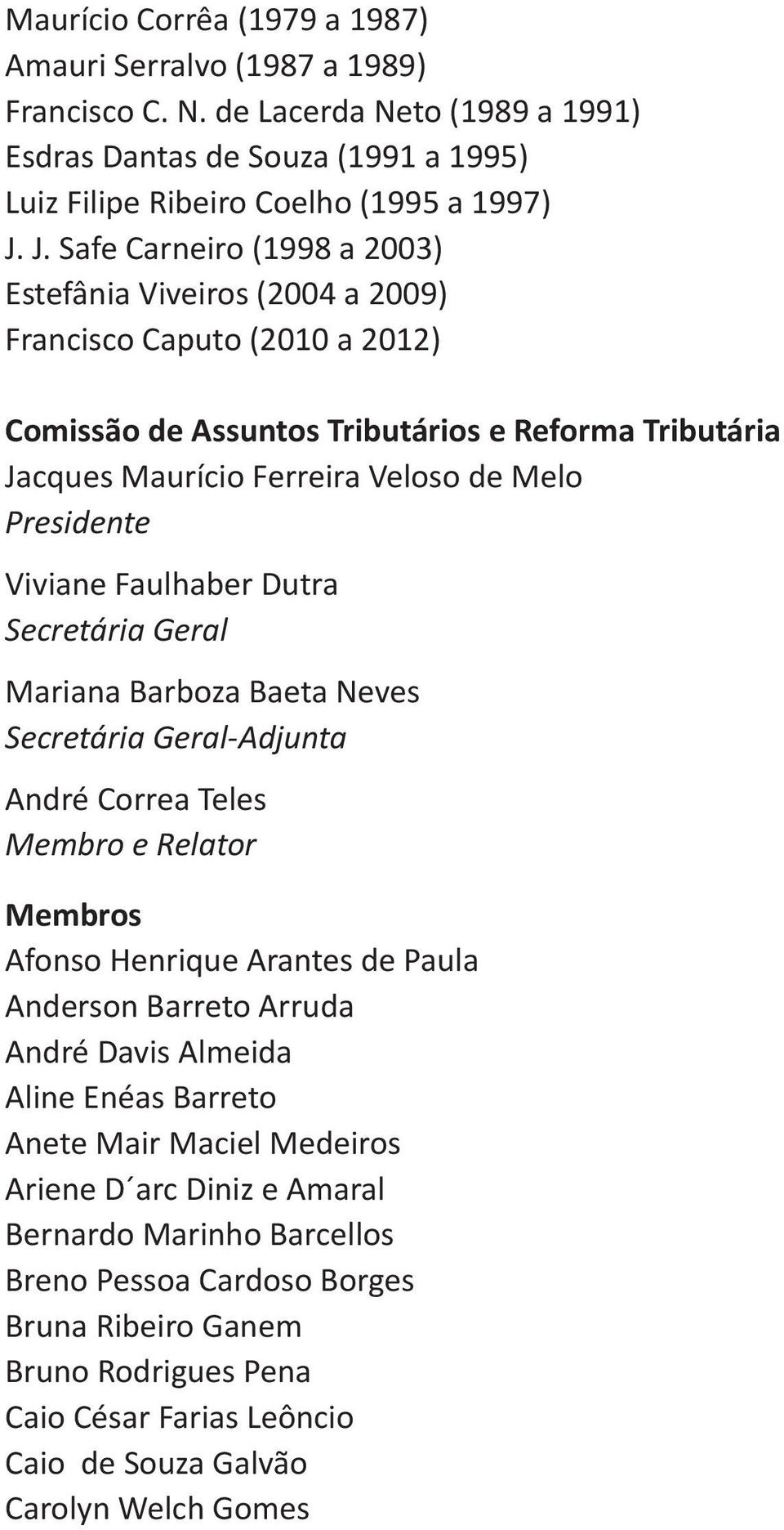 Presidente Viviane Faulhaber Dutra Secretária Geral Mariana Barboza Baeta Neves Secretária Geral-Adjunta André Correa Teles Membro e Relator Membros Afonso Henrique Arantes de Paula Anderson Barreto