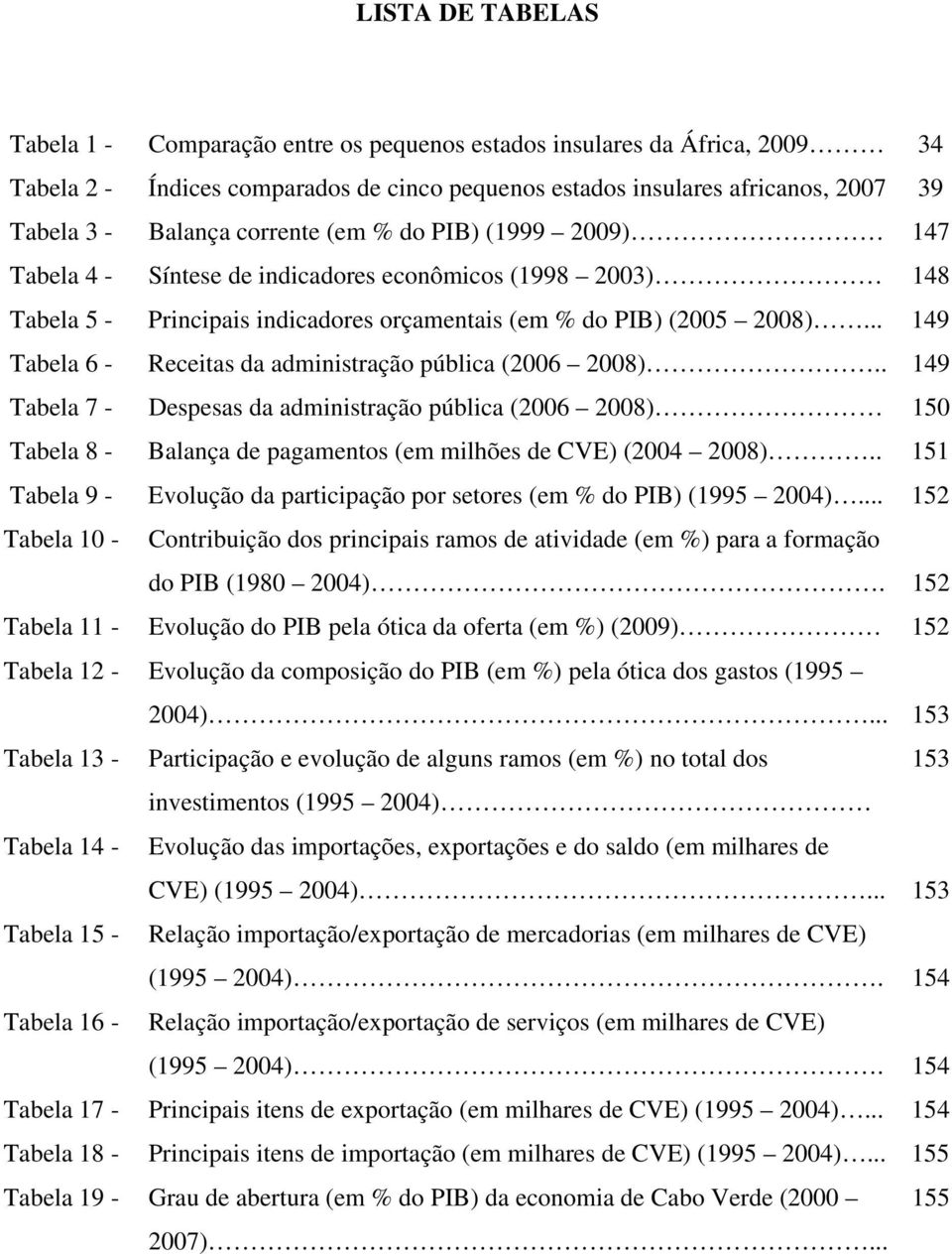 .. 149 Tabela 6 - Receitas da administração pública (2006 2008).. 149 Tabela 7 - Despesas da administração pública (2006 2008) 150 Tabela 8 - Balança de pagamentos (em milhões de CVE) (2004 2008).