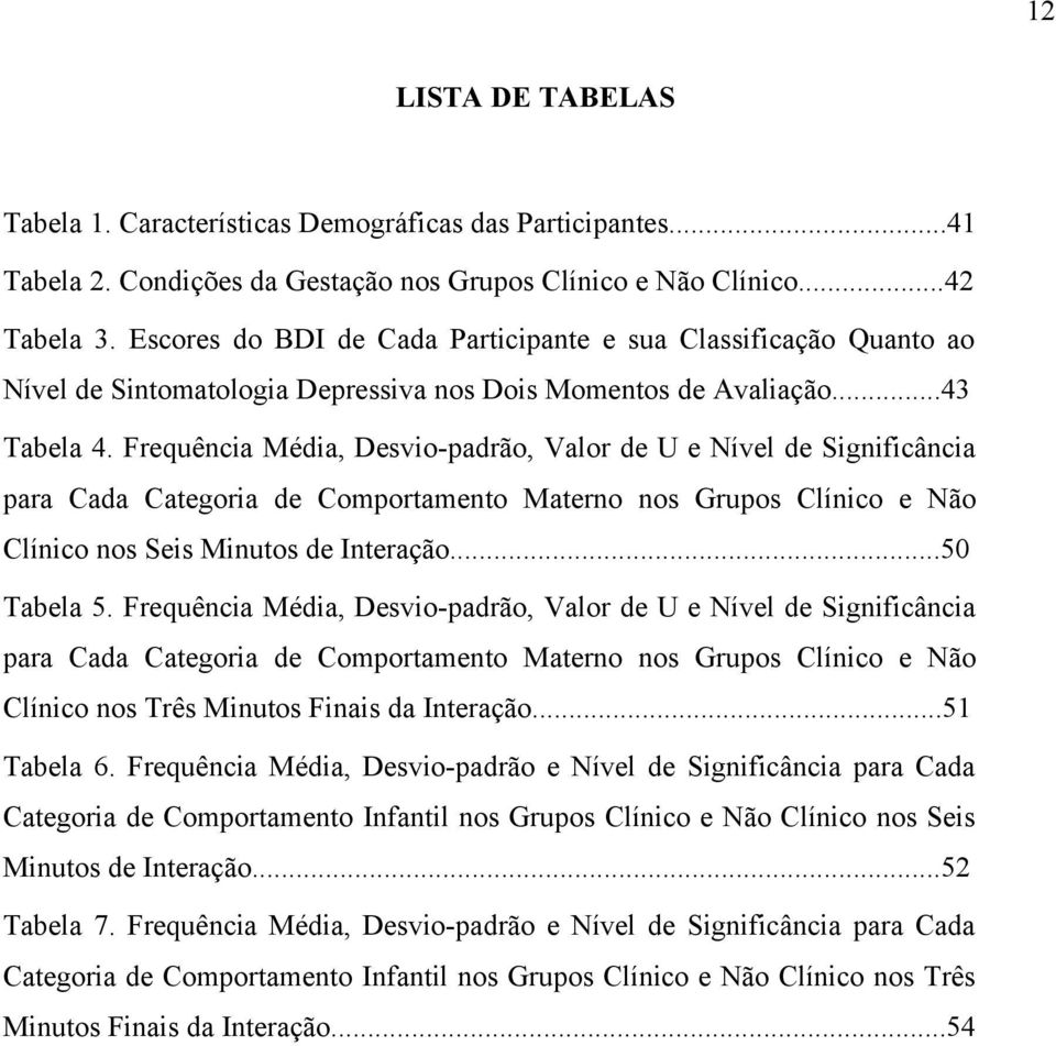 Frequência Média, Desvio-padrão, Valor de U e Nível de Significância para Cada Categoria de Comportamento Materno nos Grupos Clínico e Não Clínico nos Seis Minutos de Interação...50 Tabela 5.