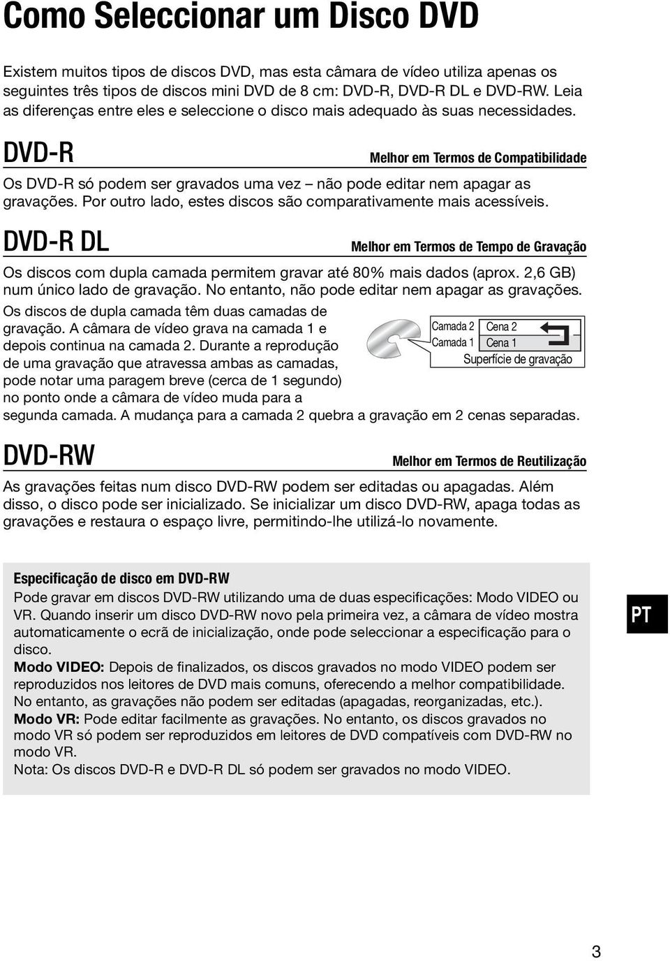 DVD-R Melhor em Termos de Compatibilidade Os DVD-R só podem ser gravados uma vez não pode editar nem apagar as gravações. Por outro lado, estes discos são comparativamente mais acessíveis.